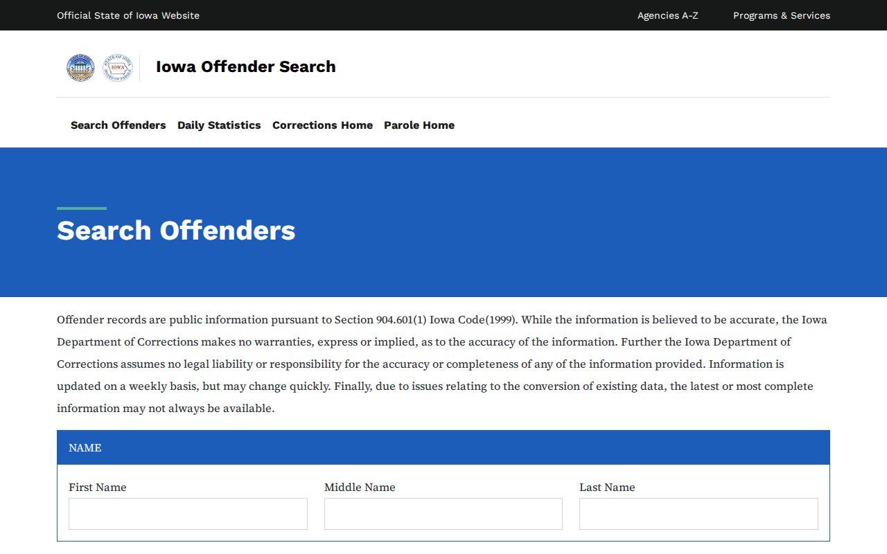 Iowa DOC Clarke County offender photo and records search form